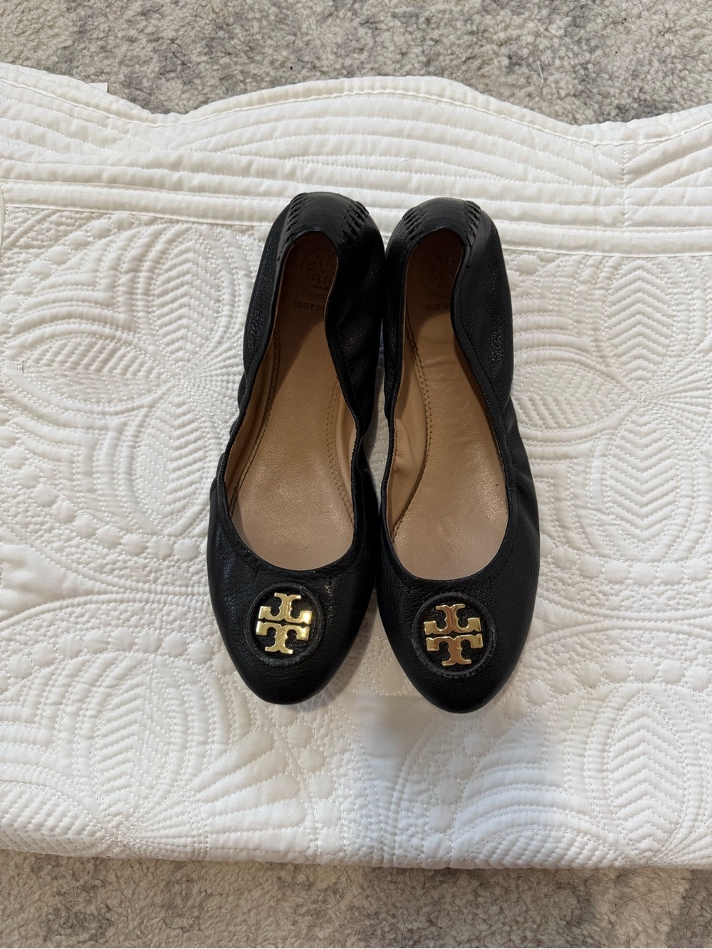 Tory Burch Black Leather Logo Ballet Flats with Gold Emblem